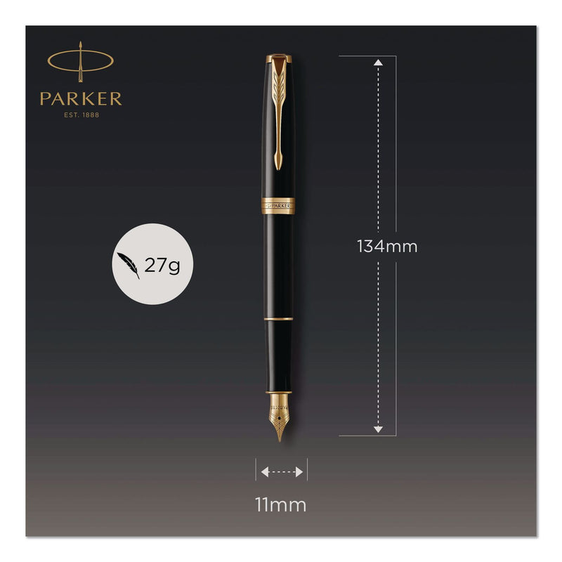 Parker® Sonnet Fountain Pen, with Gift Box, Medium 1 mm, Black Ink, Black/Gold Barrel (PAR1931495) Each