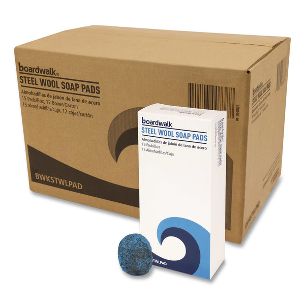 Boardwalk® Steel Wool Soap Pads, 3" x 2.5", Blue, 15 Pads/Box, 12 Boxes/Carton (BWKSTWLPAD) Case of 12