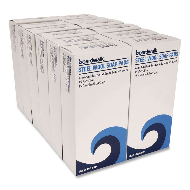 Boardwalk® Steel Wool Soap Pads, 3" x 2.5", Blue, 15 Pads/Box, 12 Boxes/Carton (BWKSTWLPAD) Case of 12