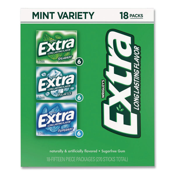 Wrigley's® Extra Mint Variety Sugar-Free Gum, Peppermint/Polar Ice/Spearmint, 15 Sticks/Pack, 18 Packs/Carton (GRR22002643) Case of 18