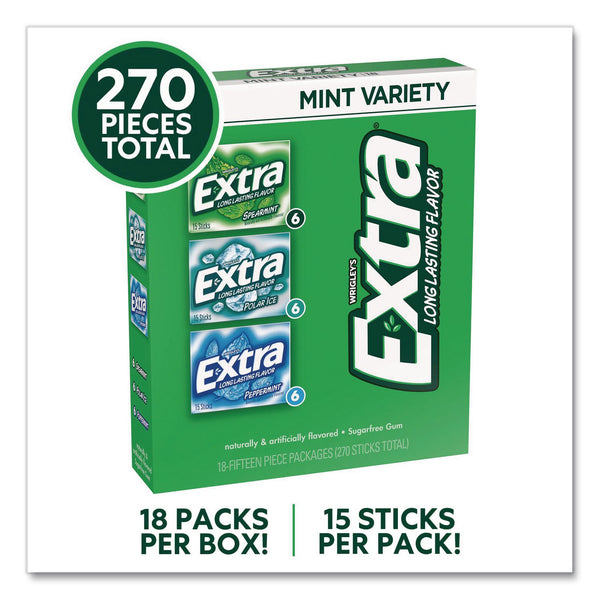 Wrigley's® Extra Mint Variety Sugar-Free Gum, Peppermint/Polar Ice/Spearmint, 15 Sticks/Pack, 18 Packs/Carton (GRR22002643) Case of 18