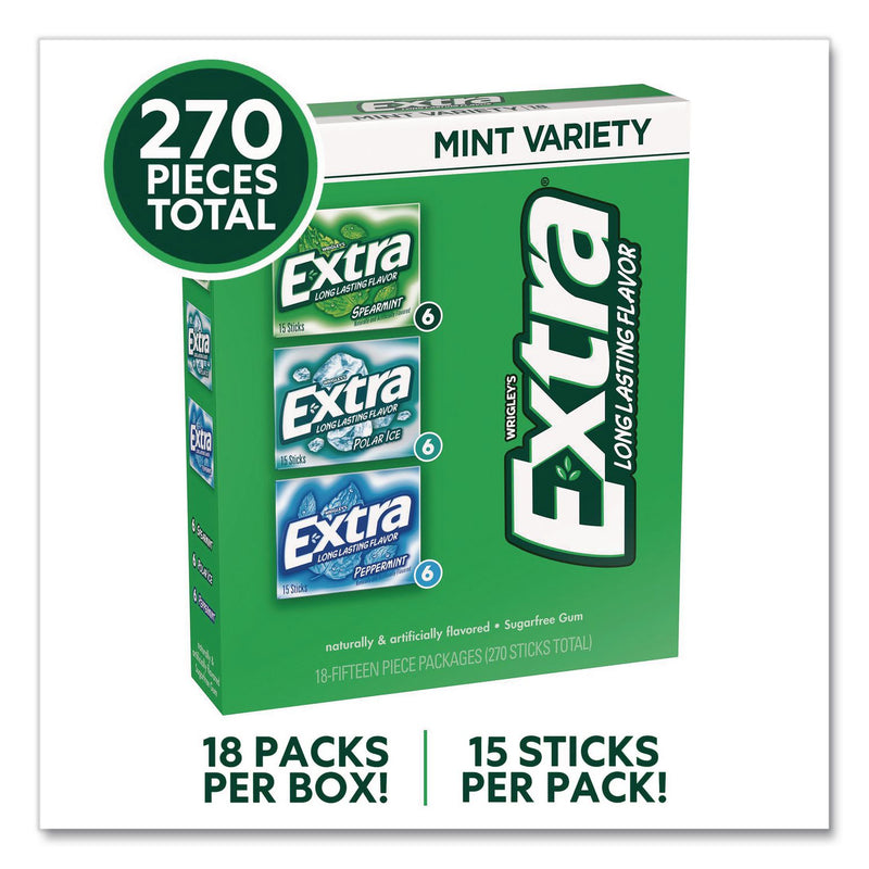 Wrigley's® Extra Mint Variety Sugar-Free Gum, Peppermint/Polar Ice/Spearmint, 15 Sticks/Pack, 18 Packs/Carton (GRR22002643) Case of 18