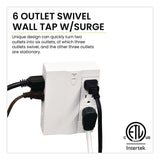 GoGreen Power 6 Outlet Swivel Wall Tap with Surge Protection, 1,000 J, White (GGPGG16310TSW) Each