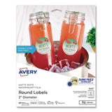 Avery® Waterproof Round Labels with Sure Feed Technology, Laser/Pigment-Based Inkjet, 2" dia, Matte White, 12/Sheet, 8 Sheets/Pack (AVE05657) Pack of 96
