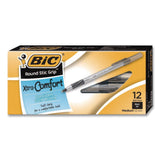 BIC® Round Stic Grip Xtra Comfort Ballpoint Pen, Easy-Glide System, Stick, Medium 1.2 mm, Black Ink, Silver-Gray Barrel, Dozen (BICGSMG11BKCT) Each