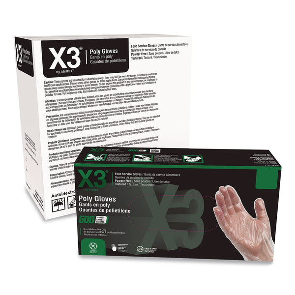 X3® by AMMEX® Polyethylene Food Safe Industrial Gloves, Powder-Free, Large, Clear, 500/Box, 20 Boxes/Carton (AXCPGLOVEL500XX) Case of 10000