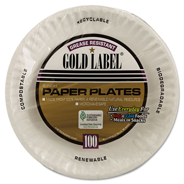 AJM Packaging Corporation Gold Label Coated Paper Plates, 9" dia, White, 100/Pack, 10 Packs/Carton (AJMCP9GOEWH)