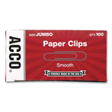 ACCO Paper Clips, Jumbo, Smooth, Silver, 20-Sheet Capacity, 100 Clips/Box (ACC72580BX) Box of 100