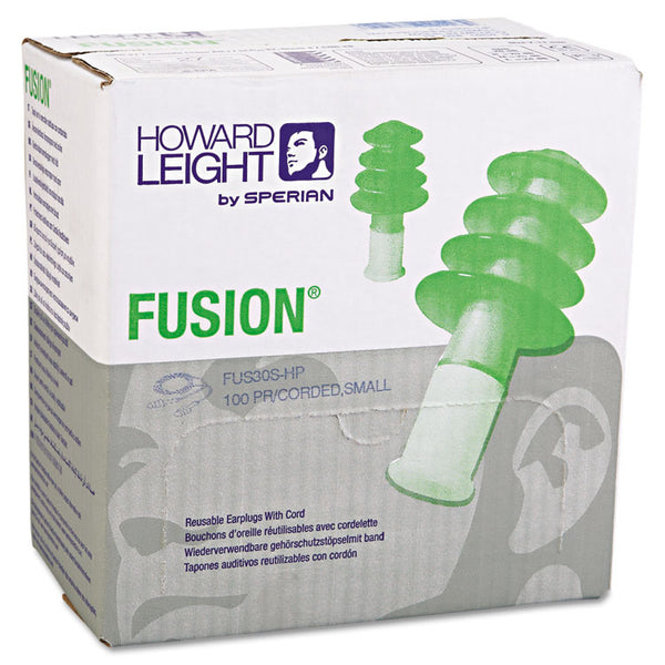 Howard Leight® by Honeywell FUS30S-HP Fusion Multiple-Use Earplugs, Small, 27NRR, Corded, GN/WE, 100 Pairs (HOWFUS30SHP) Box of 100