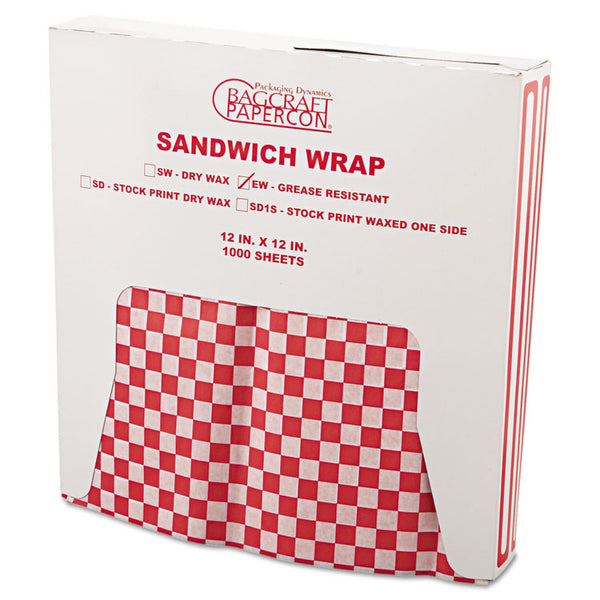 Bagcraft Grease-Resistant Paper Wraps and Liners, 12 x 12, Red Check, 1,000/Box, 5 Boxes/Carton (BGC057700)
