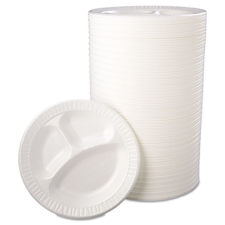 Dart® Quiet Class Laminated Foam Dinnerware, Plates, 3-Compartment, 10.25" dia, White, 125/Pack, 4 Packs/Carton (DCC10CPWQR) Case of 500