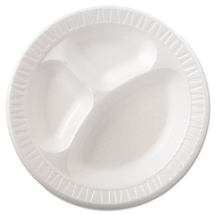 Dart® Quiet Class Laminated Foam Dinnerware, Plates, 3-Compartment, 10.25" dia, White, 125/Pack, 4 Packs/Carton (DCC10CPWQR) Case of 500