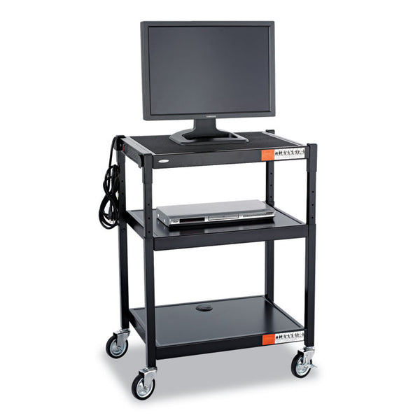 Safco® Adjustable-Height Steel AV Cart, Metal, 3 Shelves, (5) AC Outlets, 120 lb Capacity, 27.25" x 18.25" x 36.5", Black (SAF8932BL)