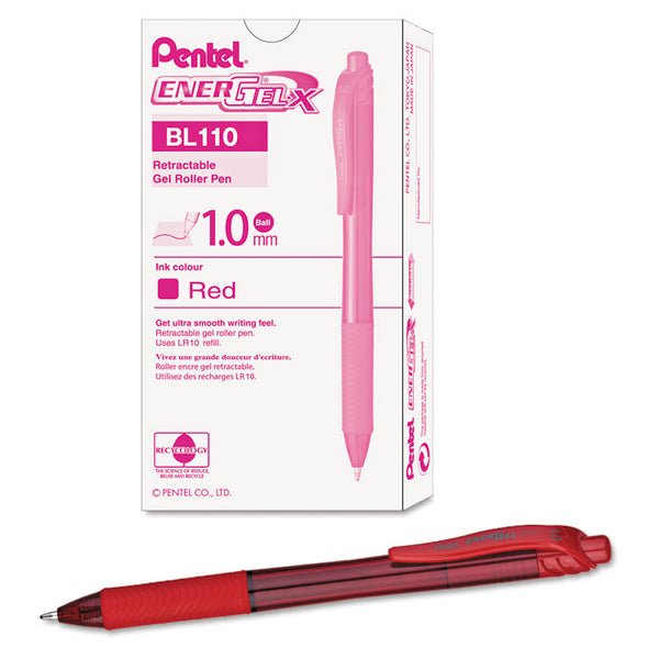 Pentel® EnerGel-X Gel Pen, Retractable, Bold 1 mm, Red Ink, Translucent Red/Red Barrel, Dozen (PENBL110B)