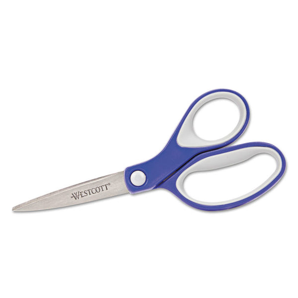 Westcott® KleenEarth Soft Handle Scissors, Pointed Tip, 7" Long, 2.25" Cut Length, Blue/Gray Straight Handle (ACM15553) Each