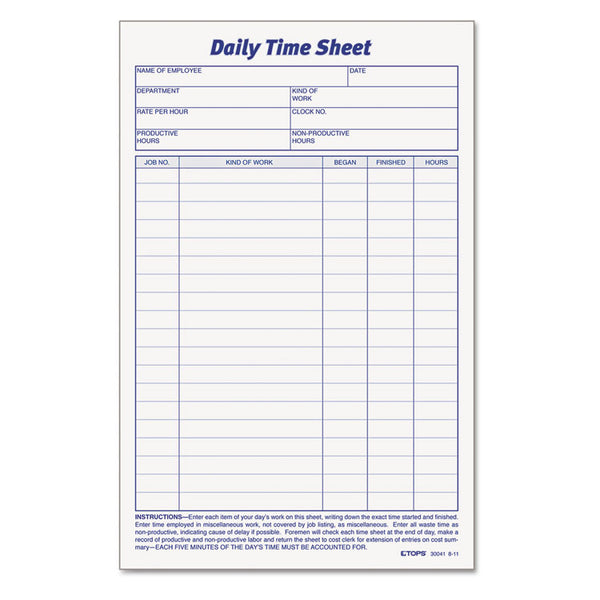 TOPS™ Daily Time and Job Sheets, One-Part (No Copies), 8.5 x 5.5, 200 Forms/Pad, 2 Pads/Pack (TOP30041) Pack of 2