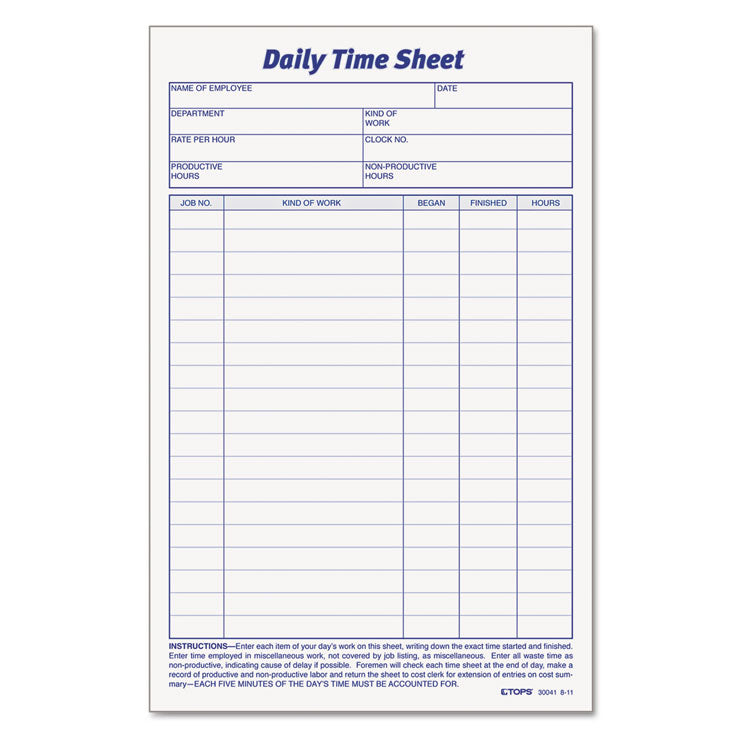 TOPS™ Daily Time and Job Sheets, One-Part (No Copies), 8.5 x 5.5, 200 Forms/Pad, 2 Pads/Pack (TOP30041) Pack of 2