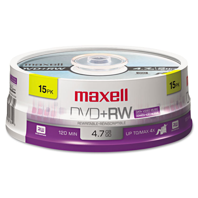 Maxell® DVD+RW Rewritable Disc, 4.7 GB, 4x, Spindle, Silver, 15/Pack (MAX634046) Pack of 15