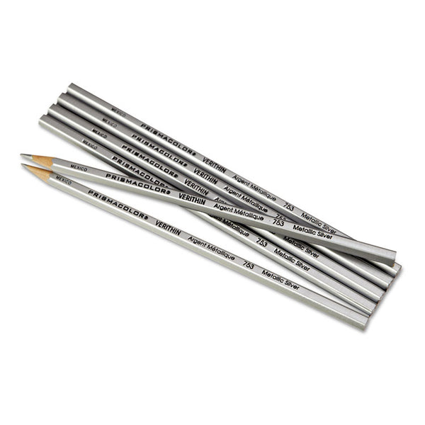 Prismacolor® Verithin Smear-Proof Colored Pencils, 2 mm, Metallic Silver Lead, Metallic Silver Barrel, Dozen (SAN02460)