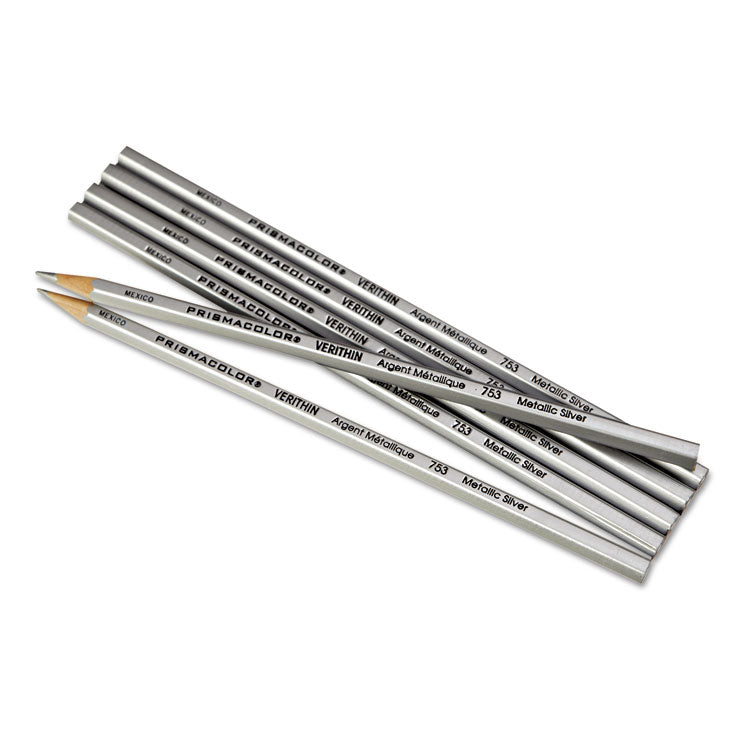 Prismacolor® Verithin Smear-Proof Colored Pencils, 2 mm, Metallic Silver Lead, Metallic Silver Barrel, Dozen (SAN02460)