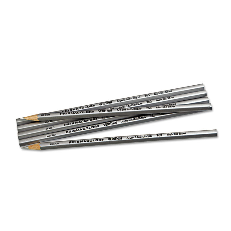 Prismacolor® Verithin Smear-Proof Colored Pencils, 2 mm, Metallic Silver Lead, Metallic Silver Barrel, Dozen (SAN02460)