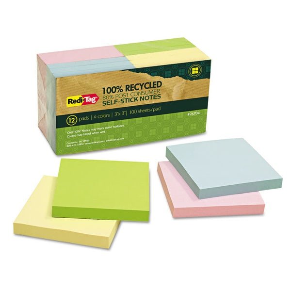 Redi-Tag® 100% Recycled Self-Stick Notes, 3" x 3", Assorted Pastel Colors, 100 Sheets/Pad, 12 Pads/Pack (RTG26704)