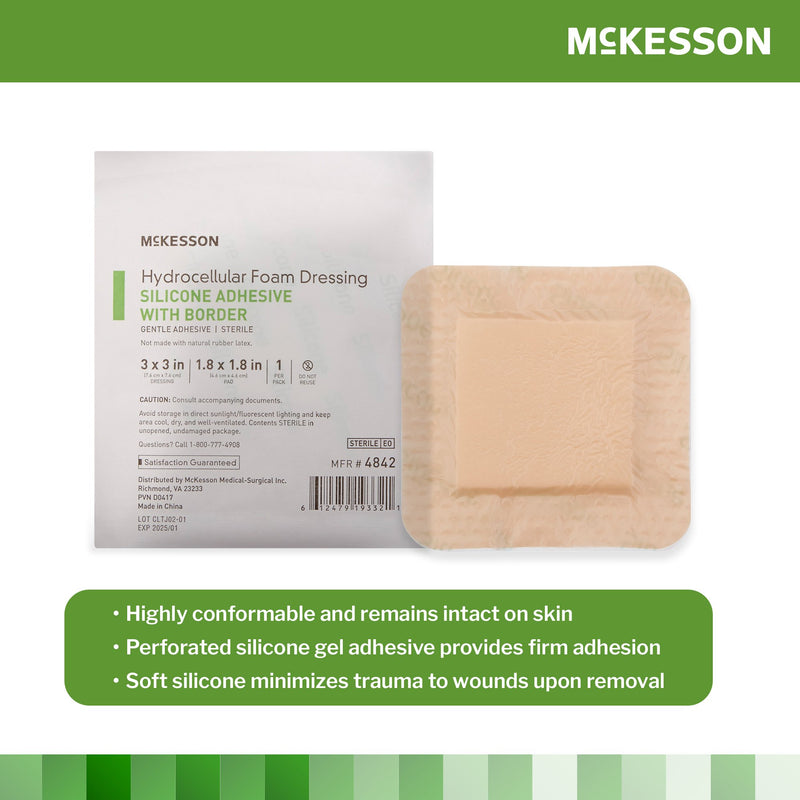 McKesson Foam Dressing 3 X 3 Inch With Border Film Backing Silicone Gel Adhesive Square Sterile (886431_BX) 10/BX
