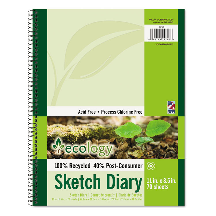 Pacon® Ecology Sketch Diary, 60 lb Text Paper Stock, Green Cover, (70) 11 x 8.5 Sheets (PAC4798) Each