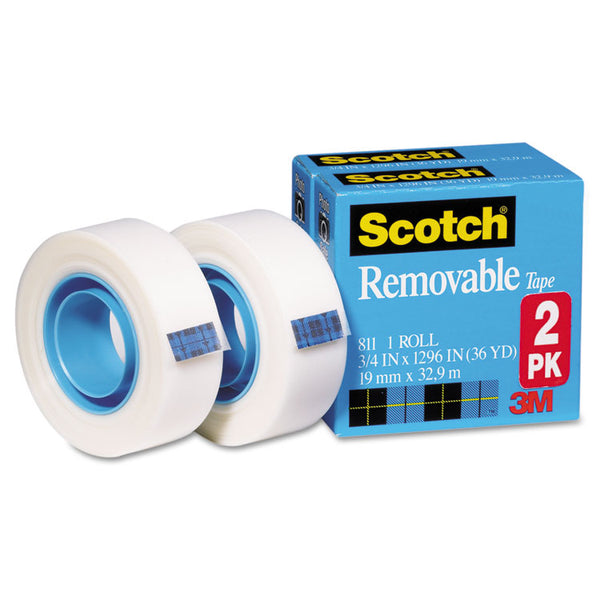 Scotch® Removable Tape, 1" Core, 0.75" x 36 yds, Transparent, 2/Pack (MMM8112PK)