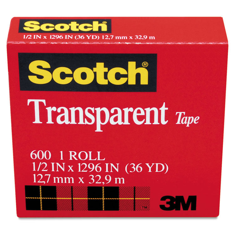 Scotch® Transparent Tape, 1" Core, 0.5" x 36 yds, Transparent (MMM600121296)