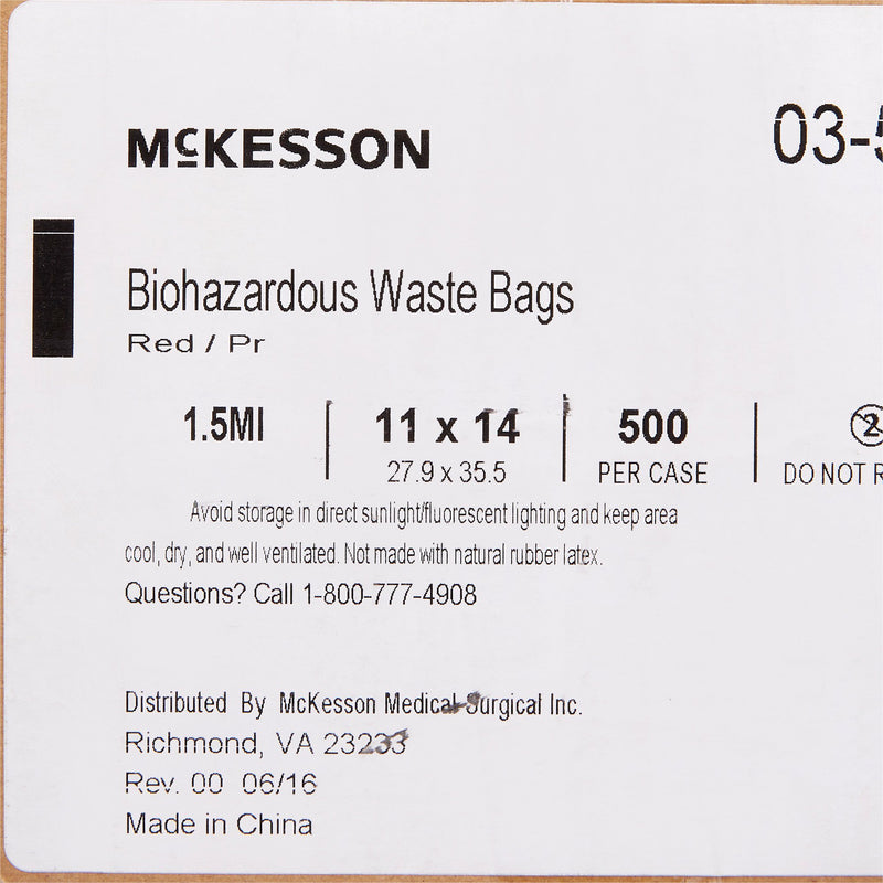 McKesson Biohazard Waste Bag Biohazard Symbol / Infectious Waste 1 to 6 gal. Red 11 X 14 Inch (196264_CS) 500/CS
