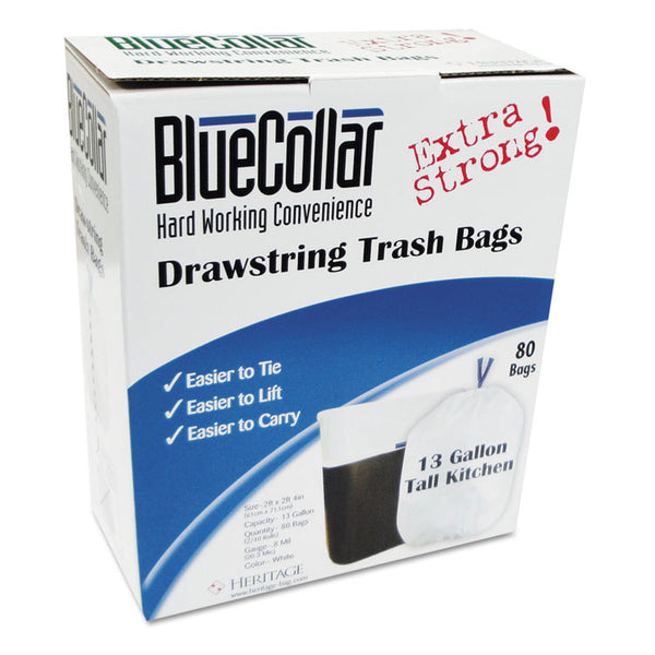 BlueCollar Drawstring Trash Bags, 13 gal, 0.8 mil, 24" x 28", White, 40 Bags/Roll, 2 Rolls/Box (HERN4828EWRC1) Box of 80