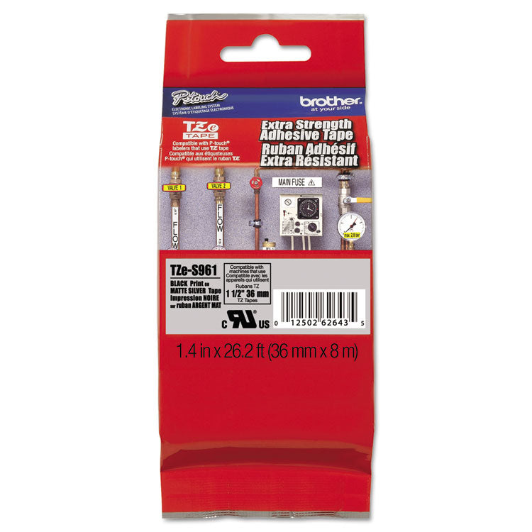 Brother P-Touch® TZ Extra-Strength Adhesive Laminated Labeling Tape, 1.4" x 26.2 ft, Black on Matte Silver (BRTTZES961) Each