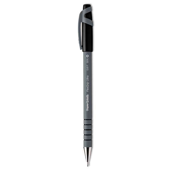 Paper Mate® FlexGrip Ultra Recycled Ballpoint Pen, Stick, Fine 0.8 mm, Black Ink, Gray Barrel, Dozen (PAP9680131)