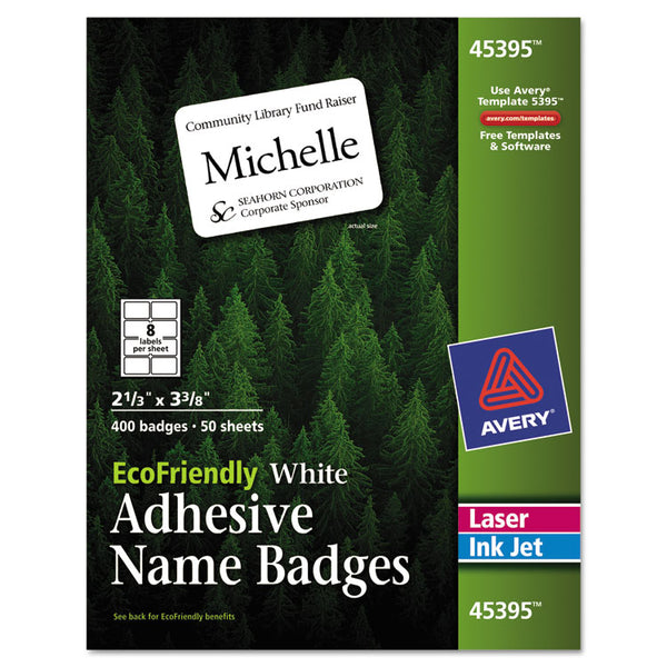 Avery® EcoFriendly Adhesive Name Badge Labels, 3.38 x 2.33, White, 400/Box (AVE45395)