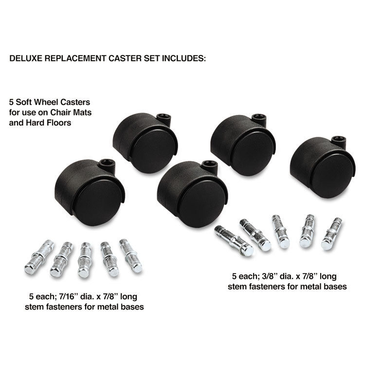 Master Caster® Deluxe Duet Casters, Grip Ring Type B and Type K Stems, 2" Soft Polyurethane Wheel, Matte Black, 5/Set (MAS23624) Set of 5