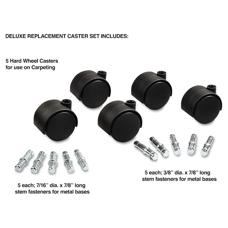 Master Caster® Deluxe Duet Casters, Grip Ring Type B and Type K Stems, 2" Hard Nylon Wheel, Matte Black, 5/Set (MAS23622) Set of 5
