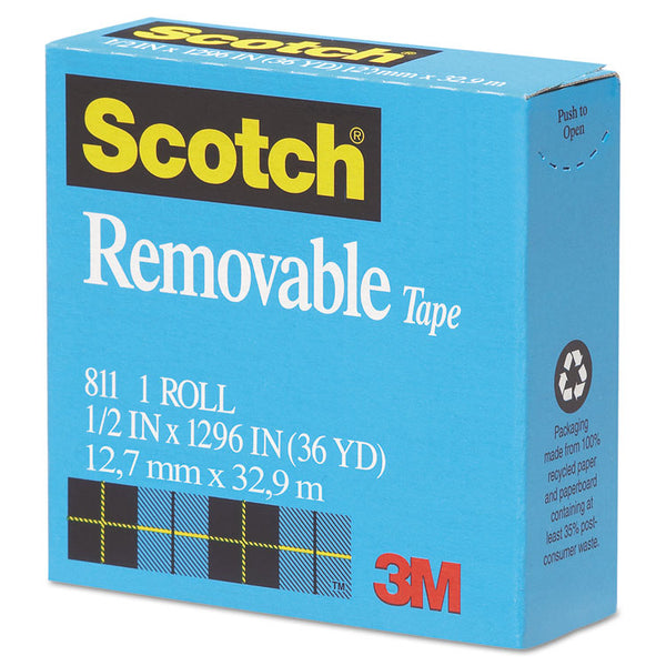 Scotch® Removable Tape, 1" Core, 0.5" x 36 yds, Transparent (MMM811121296)