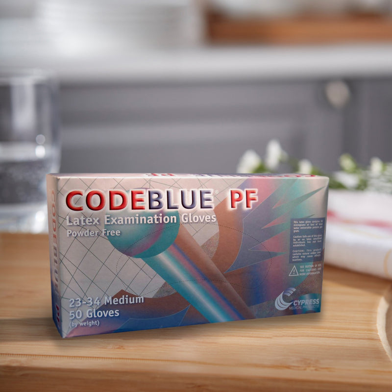 CODEBLUE® PF Exam Glove Medium NonSterile Latex Extended Cuff Length Fully Textured Blue Not Rated (351988_CS) 500/CS