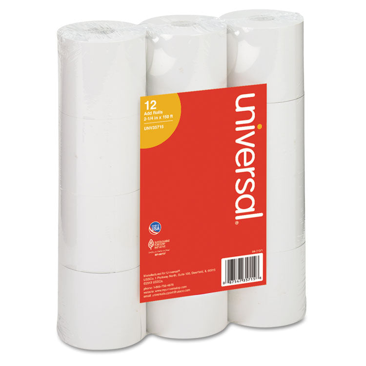 Universal® Impact and Inkjet Print Bond Paper Rolls, 0.5" Core, 2.25" x 150 ft, White, 12/Pack (UNV35715)
