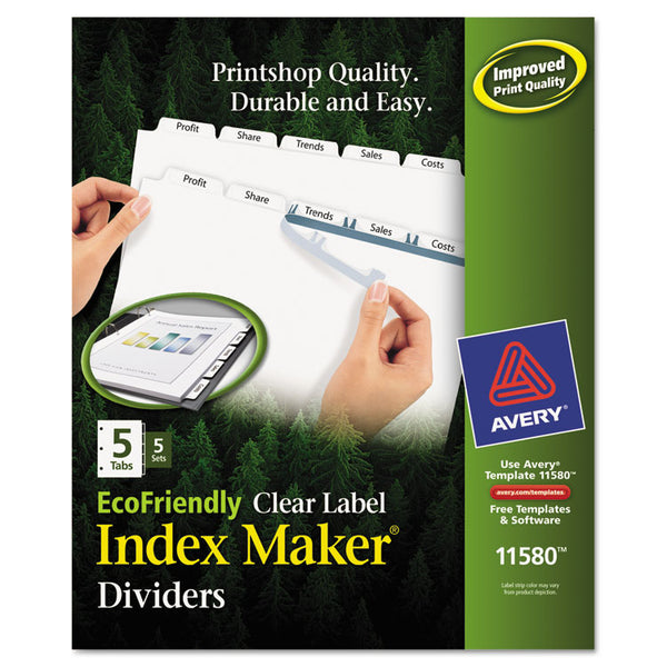 Avery® Index Maker EcoFriendly Print and Apply Clear Label Dividers with White Tabs, 5-Tab, 11 x 8.5, White, 5 Sets (AVE11580)