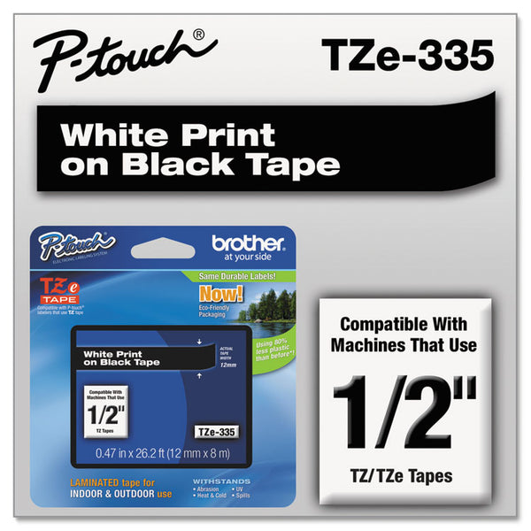 Brother P-Touch® TZe Standard Adhesive Laminated Labeling Tape, 0.47" x 26.2 ft, White on Black (BRTTZE335)