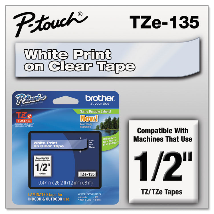 Brother P-Touch® TZe Standard Adhesive Laminated Labeling Tape, 0.47" x 26.2 ft, White on Clear (BRTTZE135)