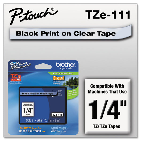 Brother P-Touch® TZe Standard Adhesive Laminated Labeling Tape, 0.23" x 26.2 ft, Black on Clear (BRTTZE111)