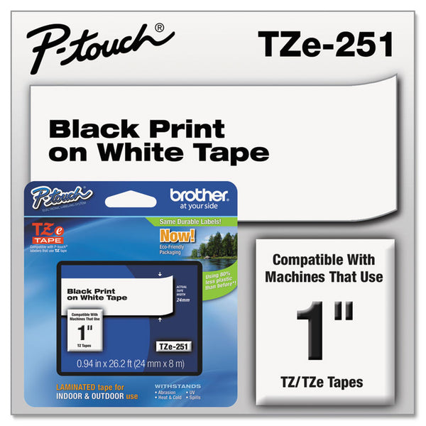 Brother P-Touch® TZe Standard Adhesive Laminated Labeling Tape, 0.94" x 26.2 ft, Black on White (BRTTZE251)