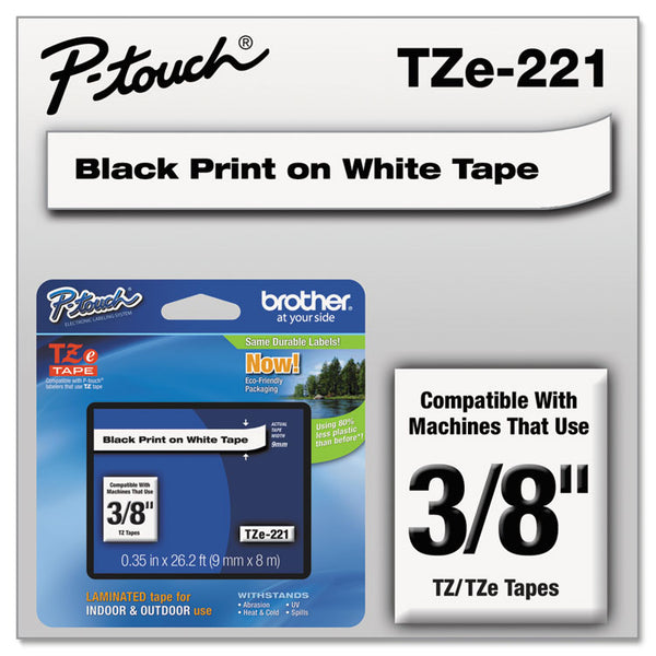 Brother P-Touch® TZe Standard Adhesive Laminated Labeling Tape, 0.35" x 26.2 ft, Black on White (BRTTZE221)