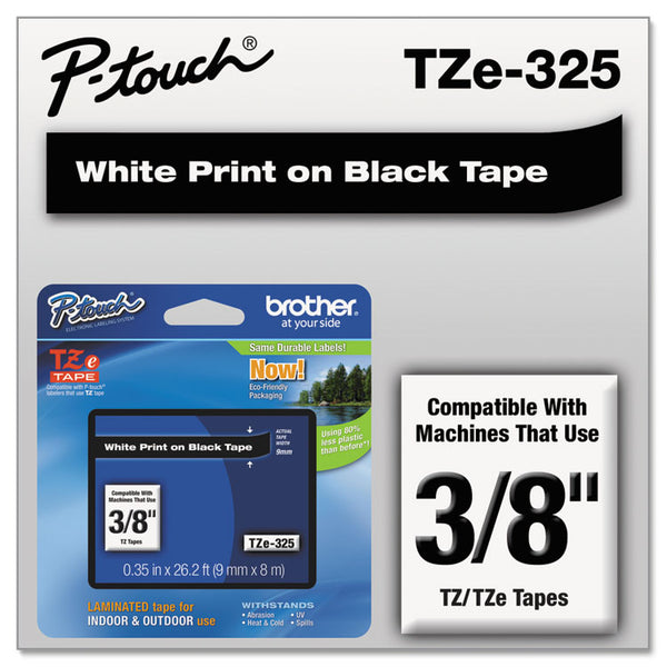 Brother P-Touch® TZe Standard Adhesive Laminated Labeling Tape, 0.35" x 26.2 ft, White on Black (BRTTZE325)