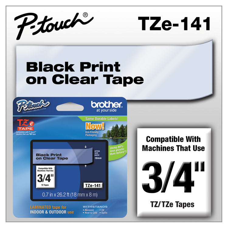 Brother P-Touch® TZe Standard Adhesive Laminated Labeling Tape, 0.7" x 26.2 ft, Black on Clear (BRTTZE141)