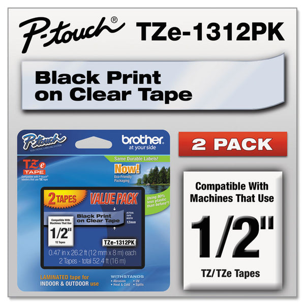 Brother P-Touch® TZe Standard Adhesive Laminated Labeling Tapes, 0.47" x 26.2 ft, Black on Clear, 2/Pack (BRTTZE1312PK)