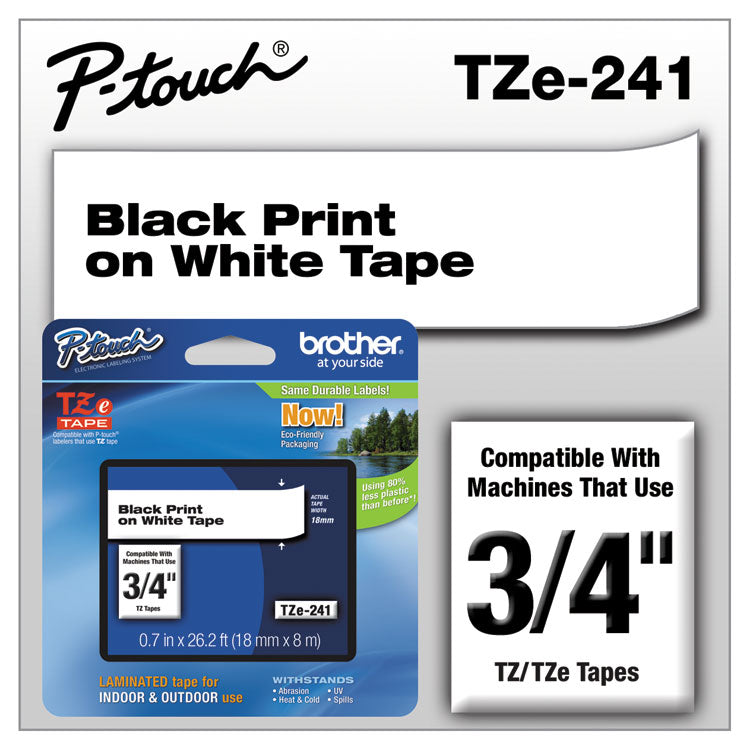 Brother P-Touch® TZe Standard Adhesive Laminated Labeling Tape, 0.7" x 26.2 ft, Black on White (BRTTZE241)